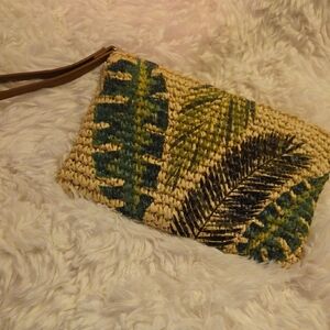 INC International Concepts Woven Leaf Clutch - Green, Black, Tan